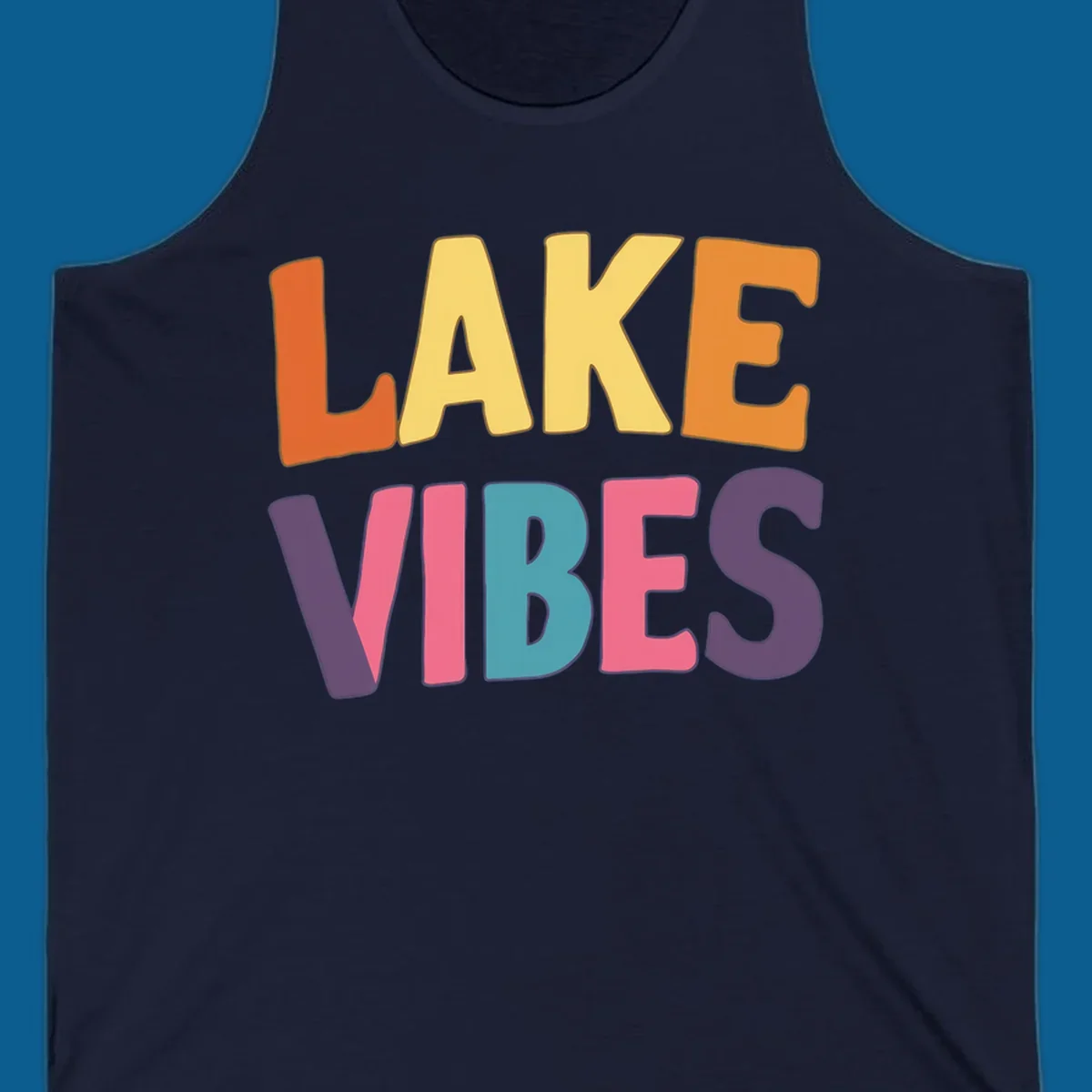 Lake Vibes text design with colorful retro lettering, perfect for lake enthusiasts.