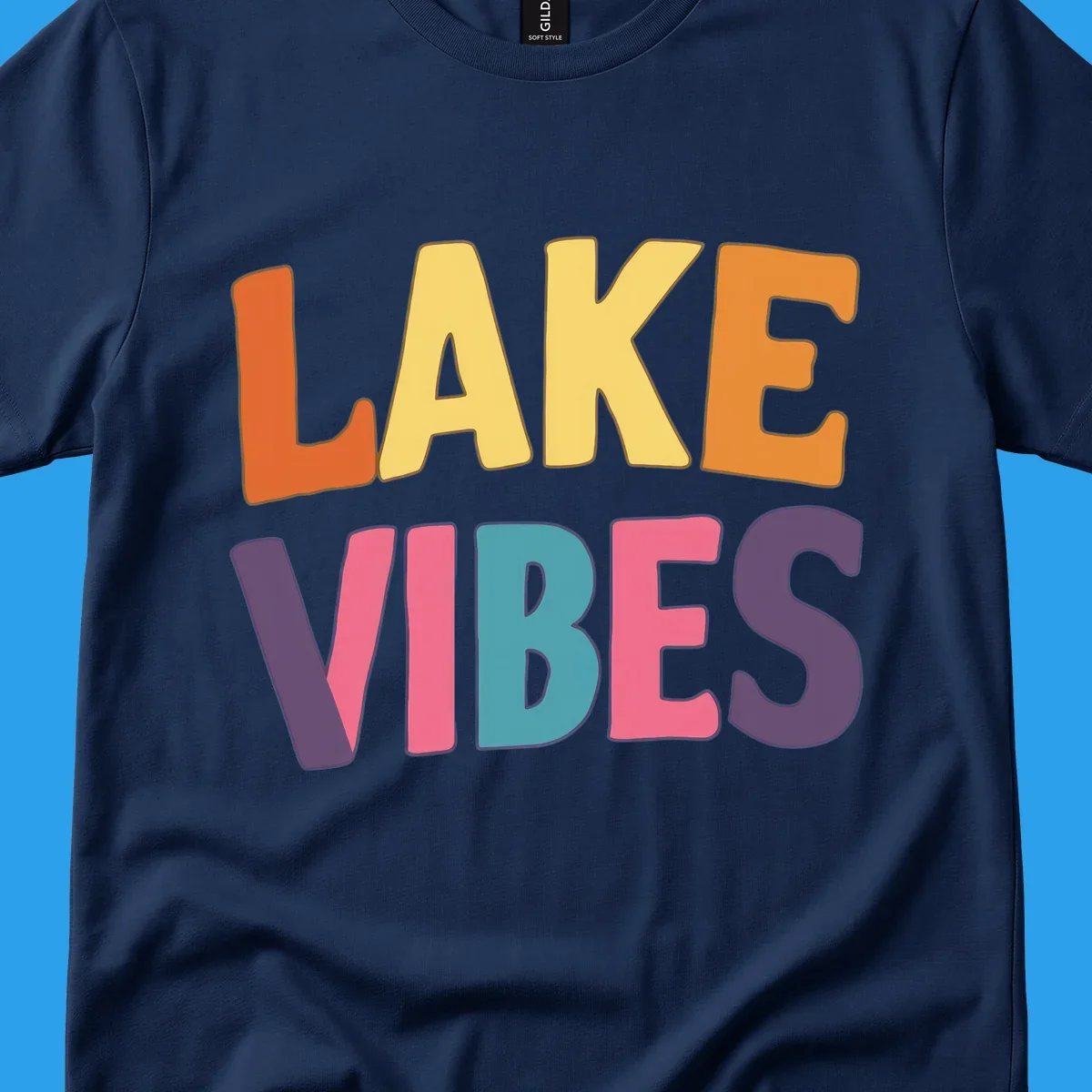 Lake Vibes text design with colorful retro lettering, perfect for lake enthusiasts.