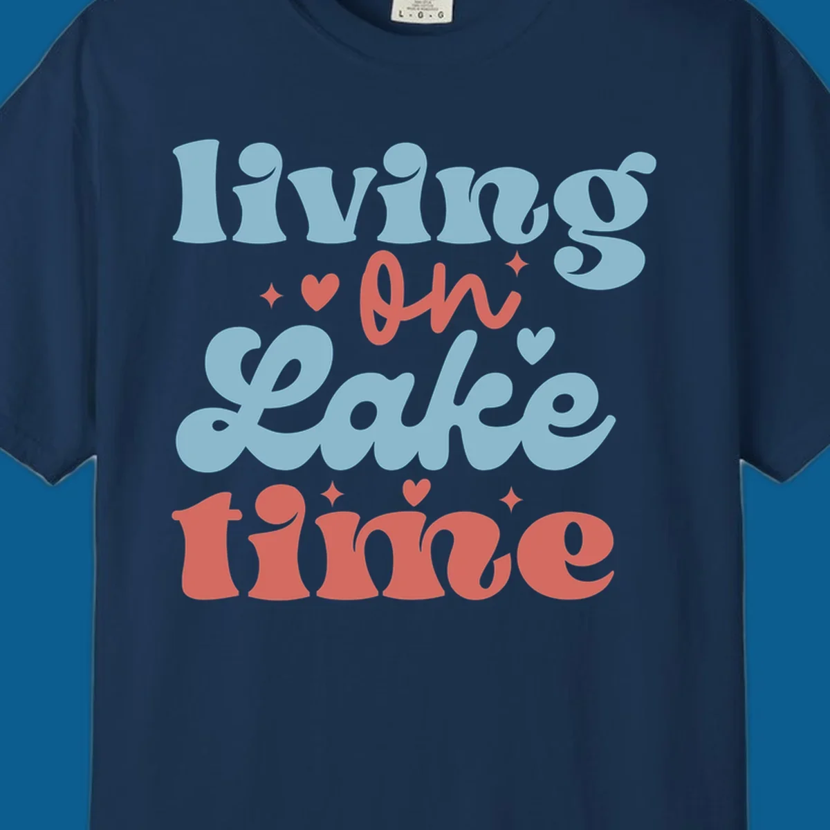 Living on Lake time retro groovy text design with hearts and sparkles