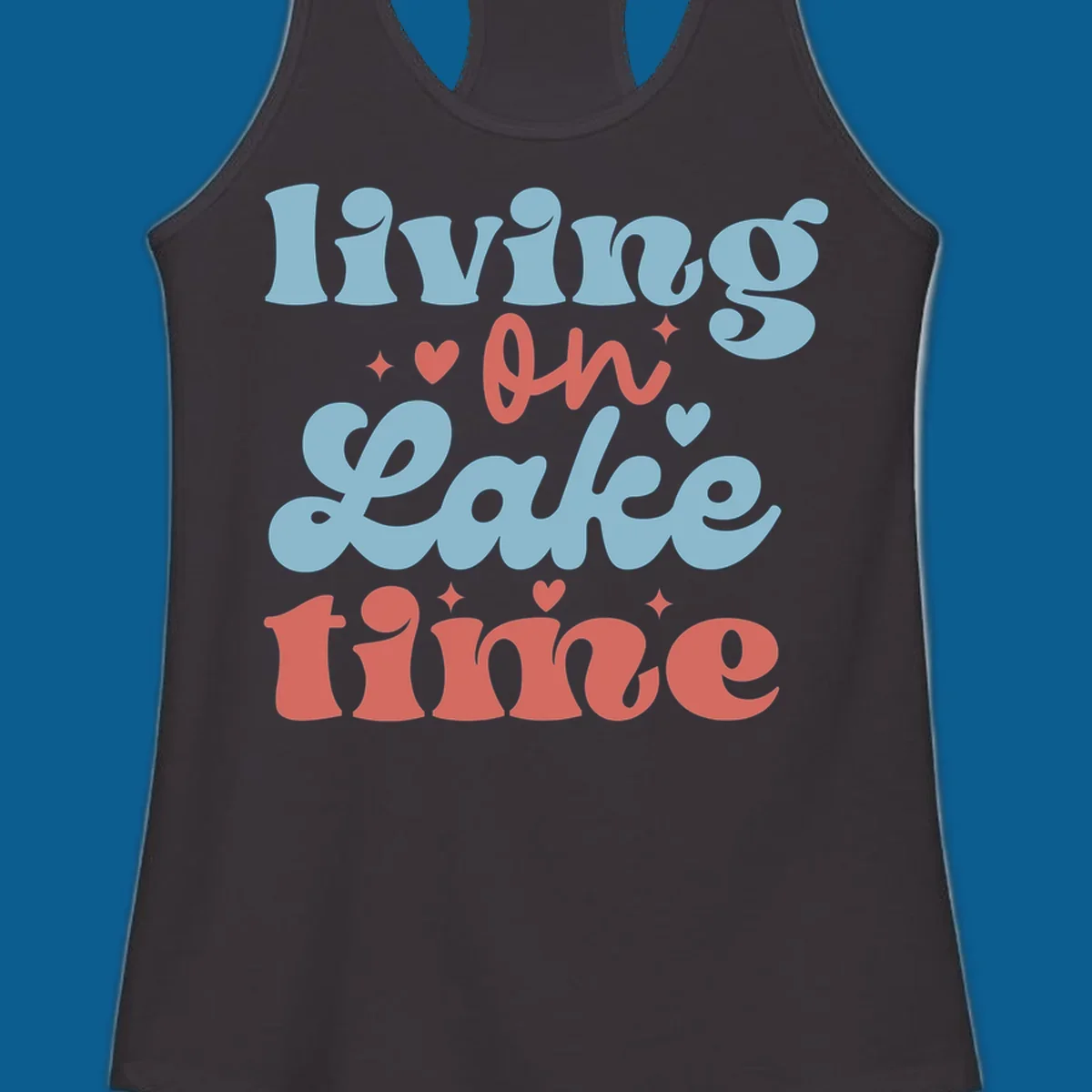 Living on Lake time retro groovy text design with hearts and sparkles