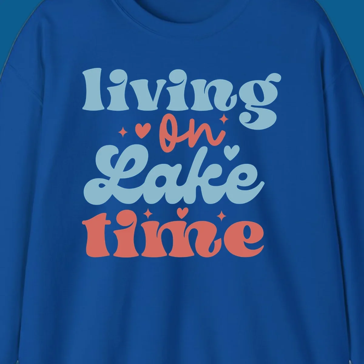 Living on Lake time retro groovy text design with hearts and sparkles