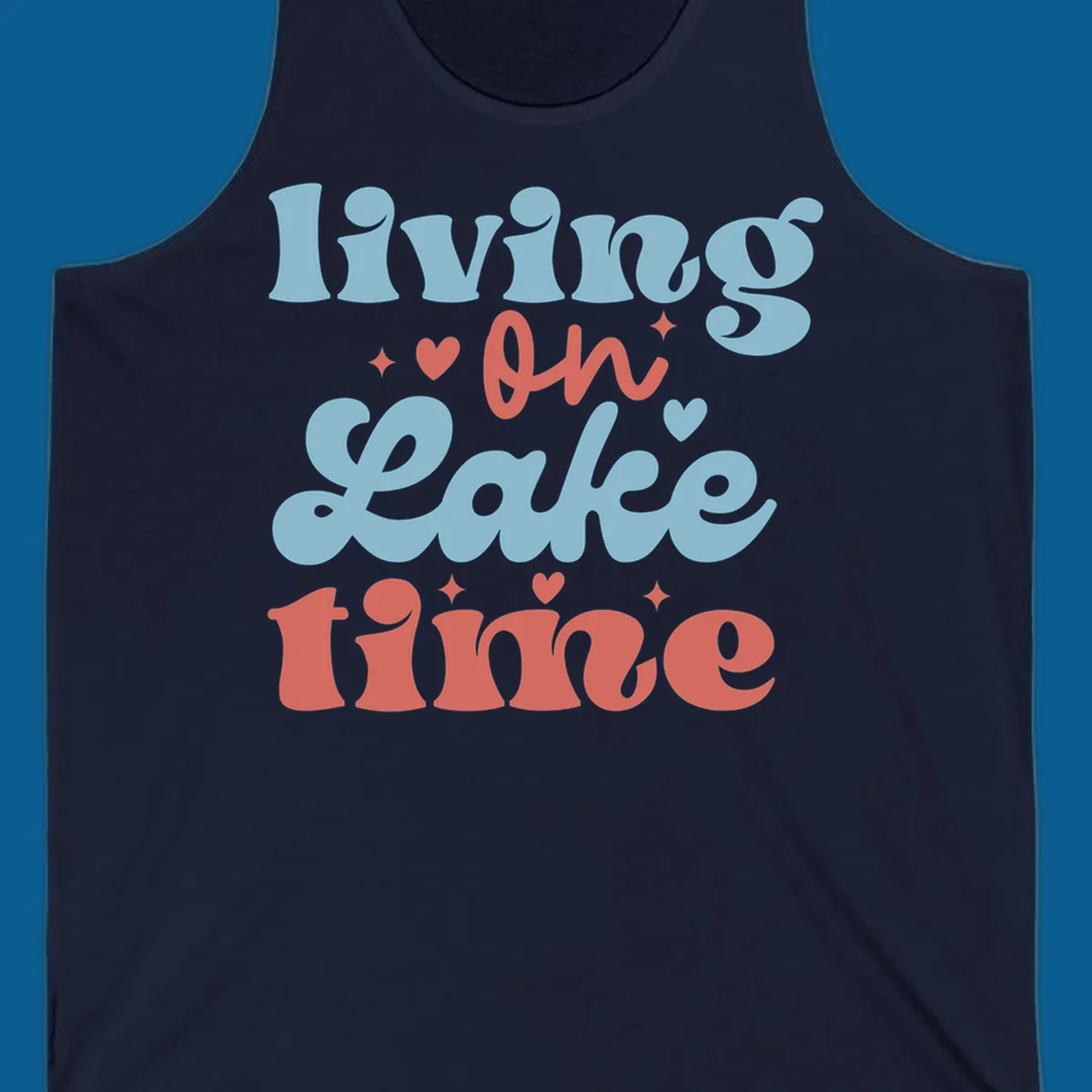 Living on Lake time retro groovy text design with hearts and sparkles