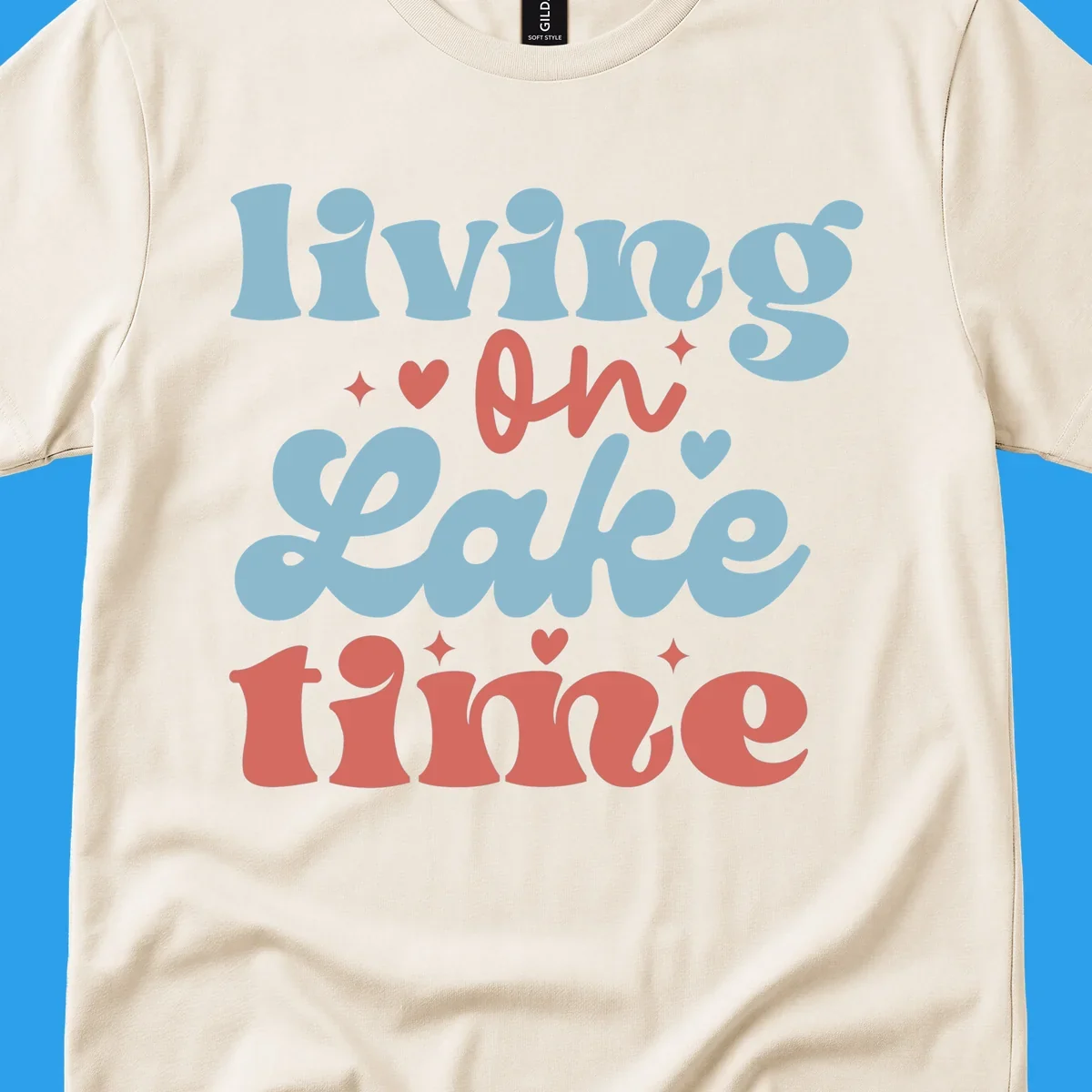 Living on Lake time retro groovy text design with hearts and sparkles