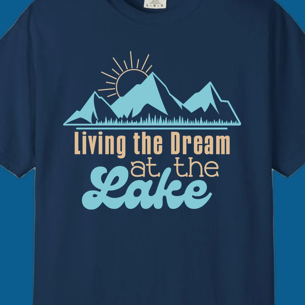 Scenic mountain range with sun and text 'Living the Dream at the Lake'.