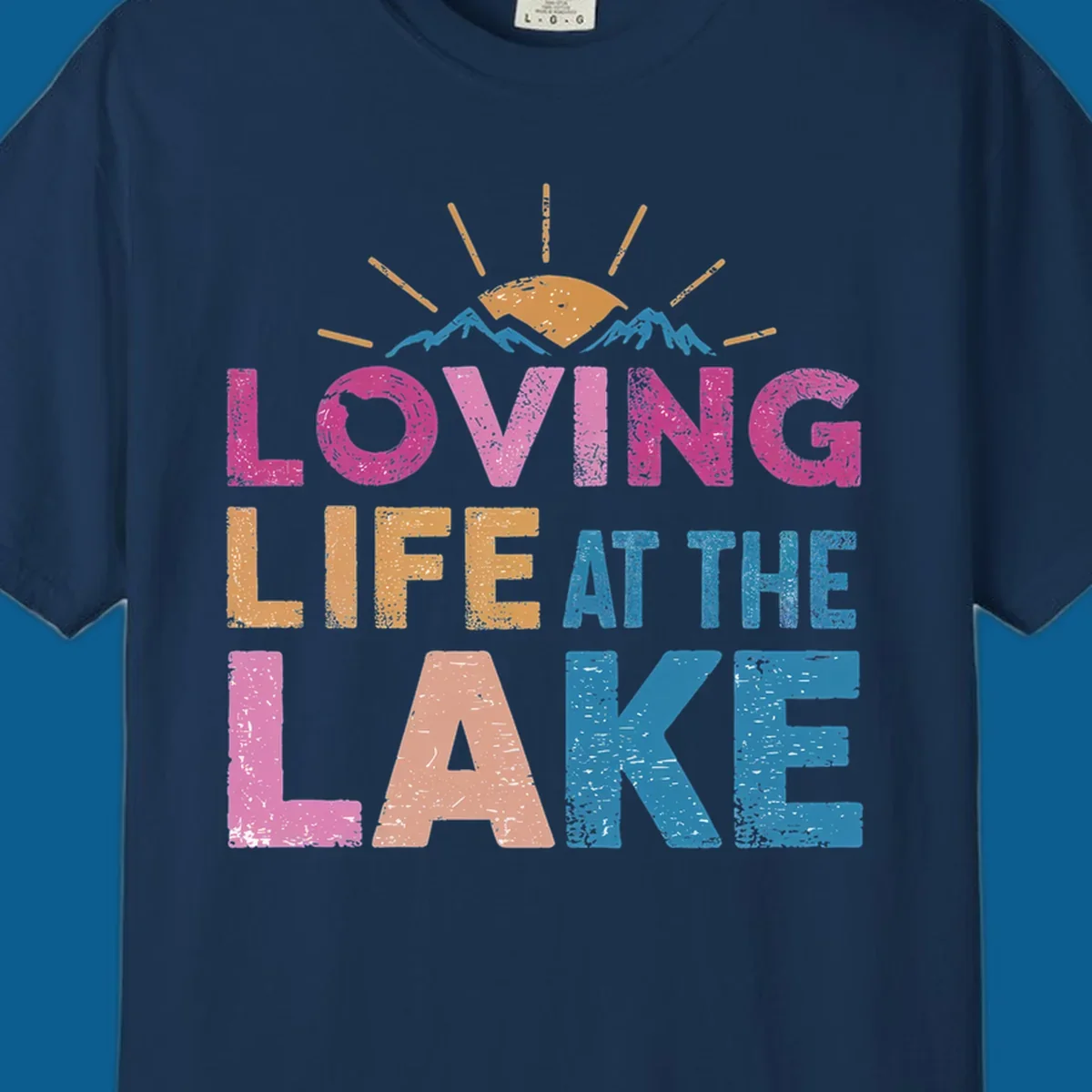 Loving Life At The Lake text with sun and mountains graphic, lake-life-appreciation