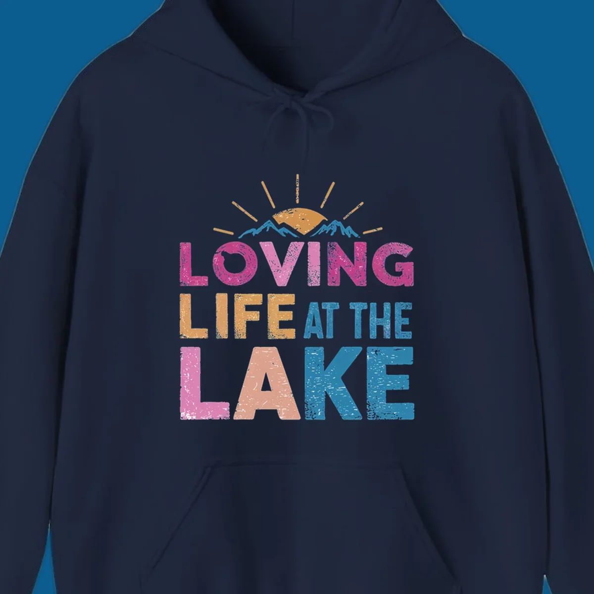 Loving Life At The Lake text with sun and mountains graphic, lake-life-appreciation