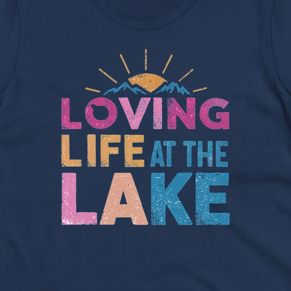 Loving Life At The Lake text with sun and mountains graphic, lake-life-appreciation