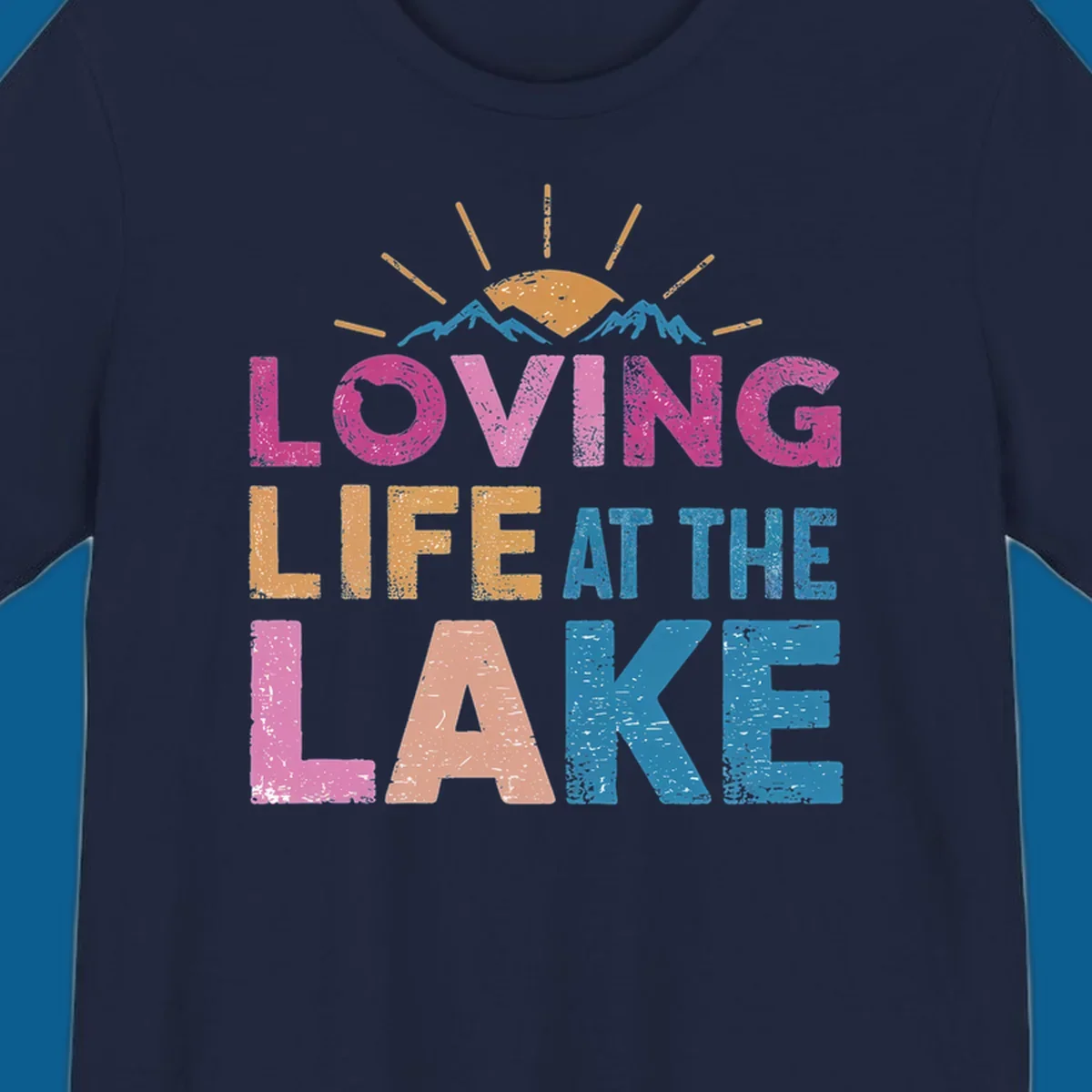 Loving Life At The Lake text with sun and mountains graphic, lake-life-appreciation