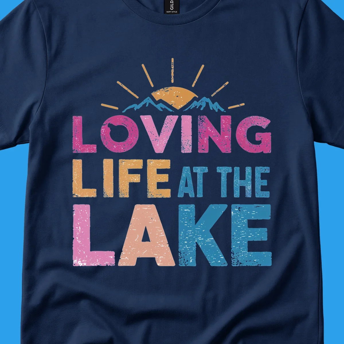 Loving Life At The Lake text with sun and mountains graphic, lake-life-appreciation