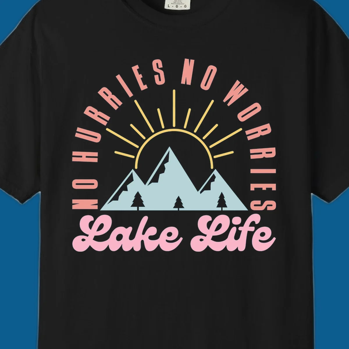 No worries lake life mountain and sun graphic. 