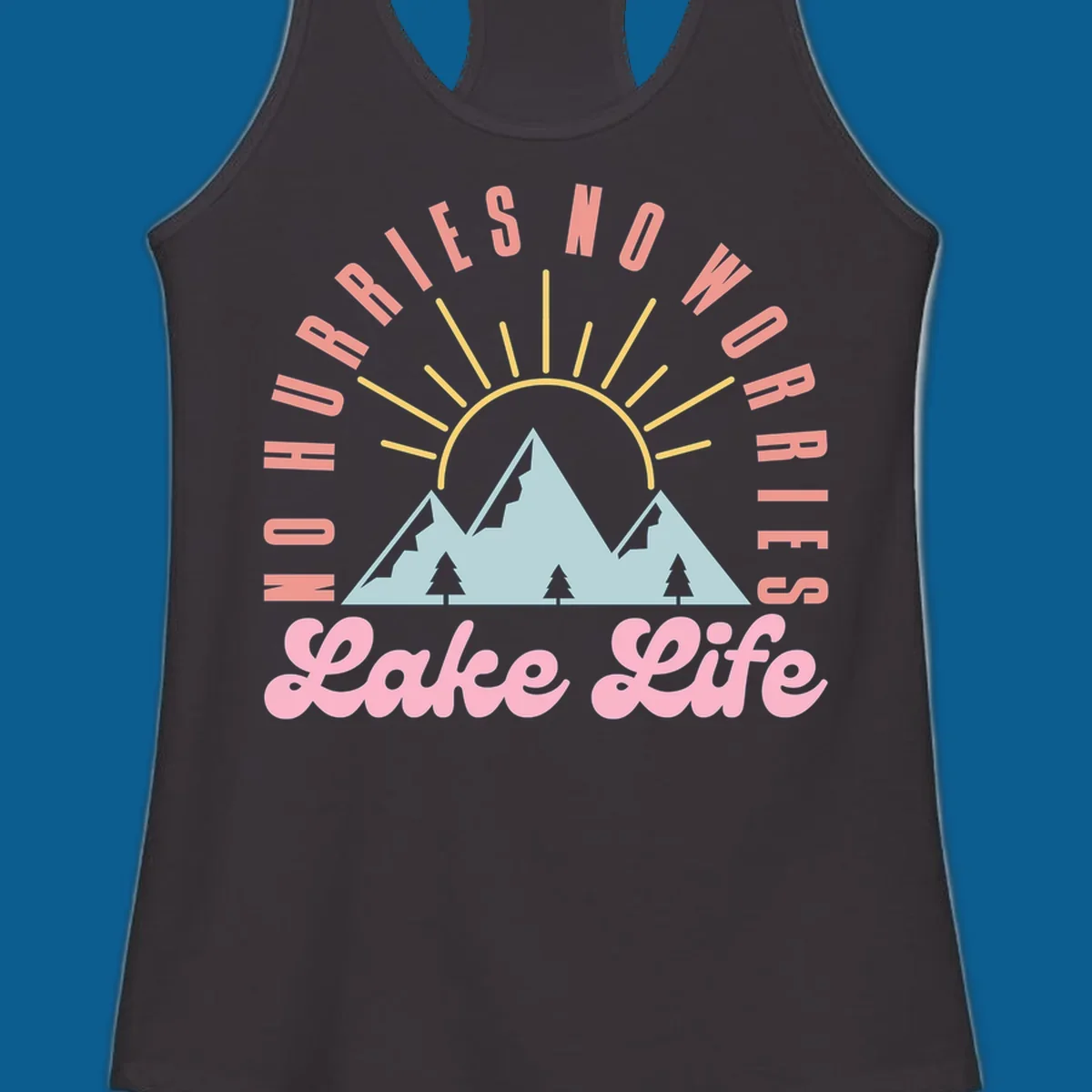No worries lake life mountain and sun graphic. 