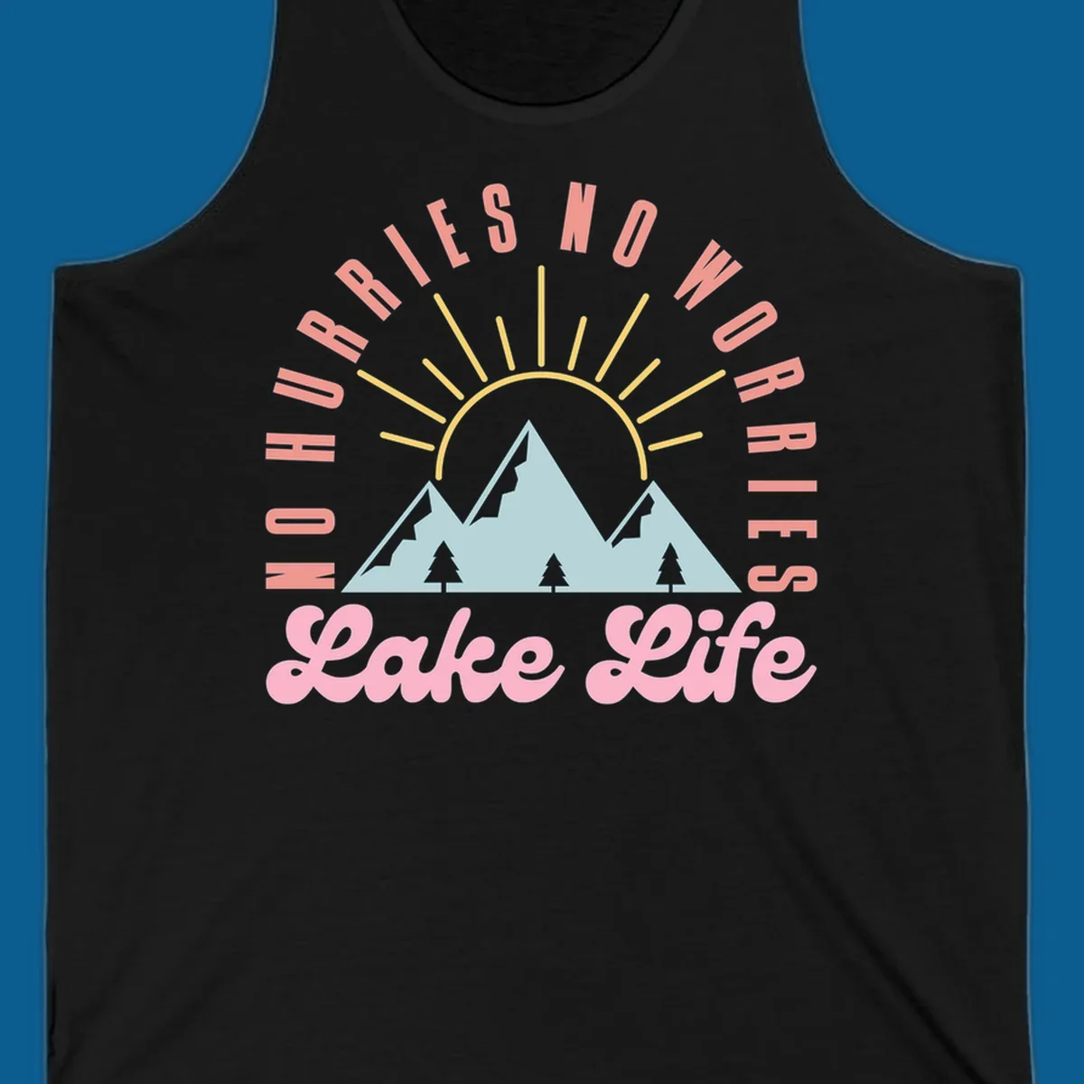 No worries lake life mountain and sun graphic. 