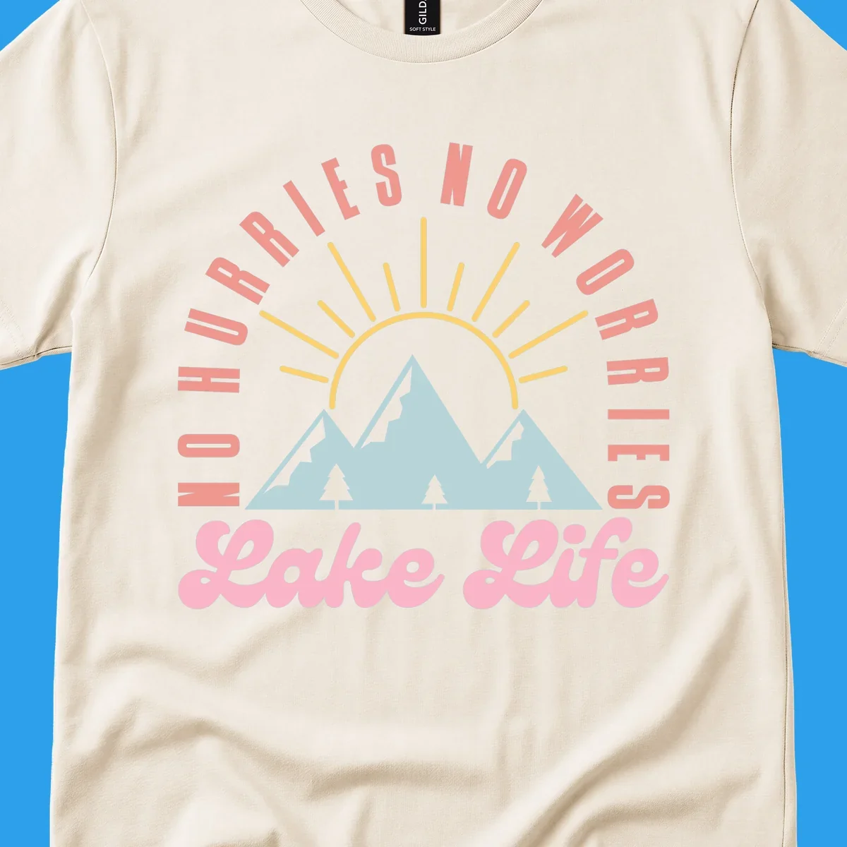 No worries lake life mountain and sun graphic. 