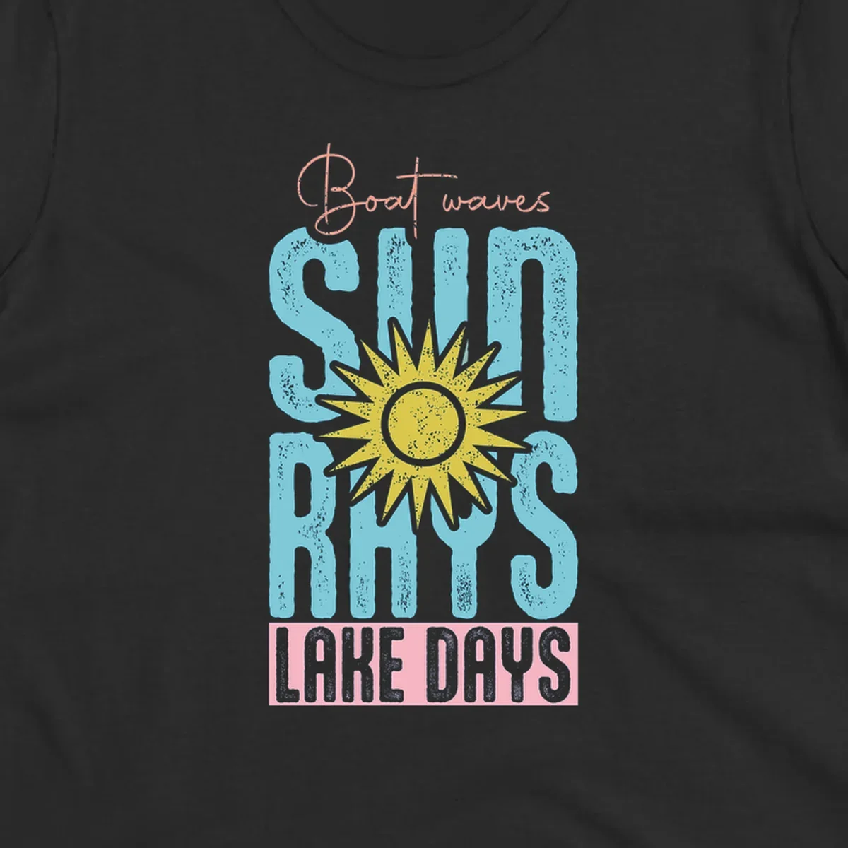 Boat waves sun rays lake days text design with a distressed sun illustration.