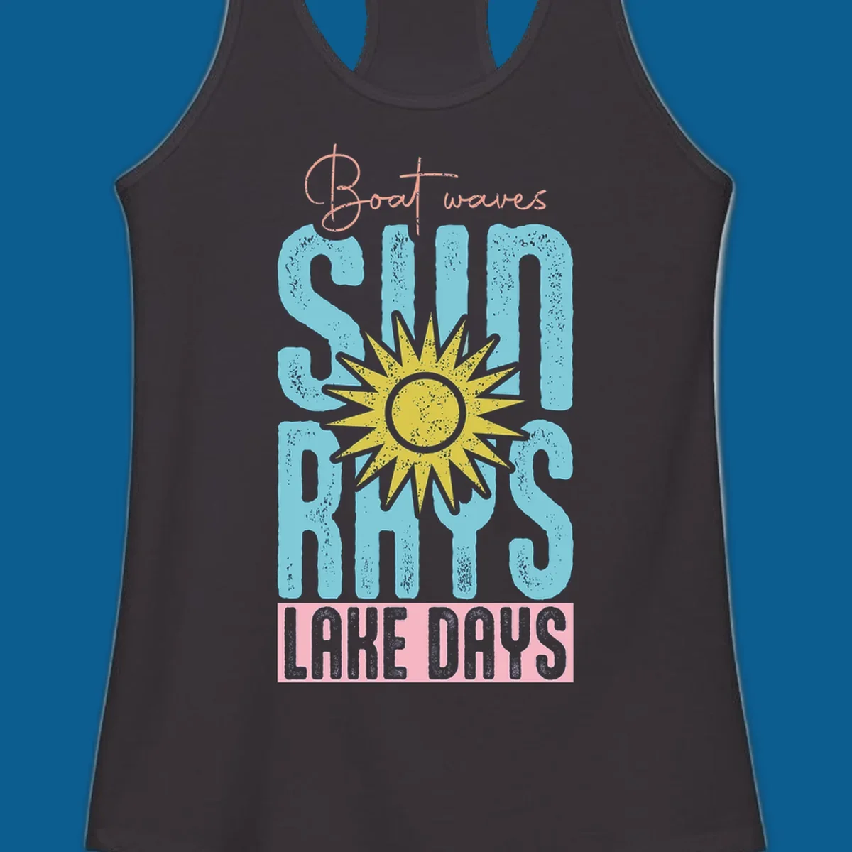 Boat waves sun rays lake days text design with a distressed sun illustration.