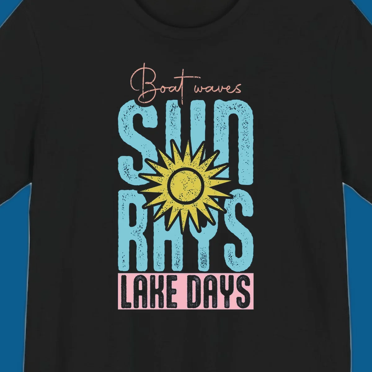 Boat waves sun rays lake days text design with a distressed sun illustration.