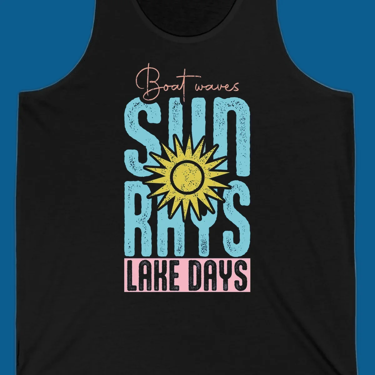 Boat waves sun rays lake days text design with a distressed sun illustration.