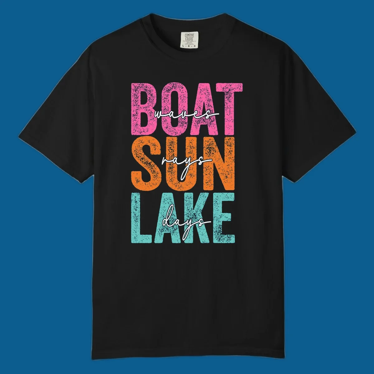 Boat waves sun lake days text design