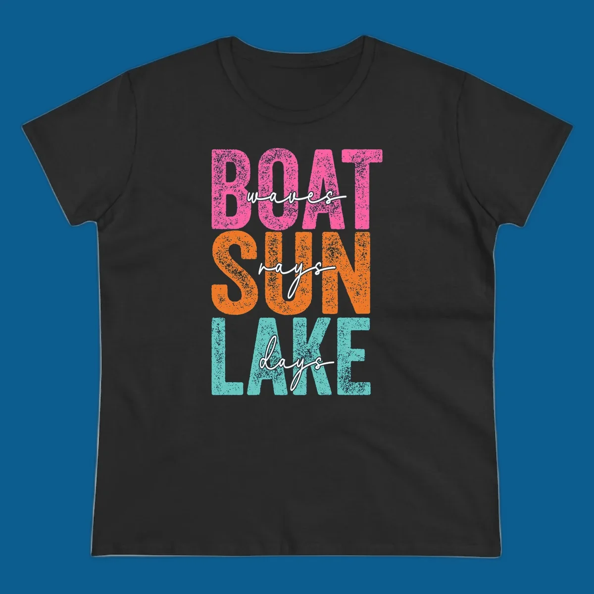 Boat waves sun lake days text design