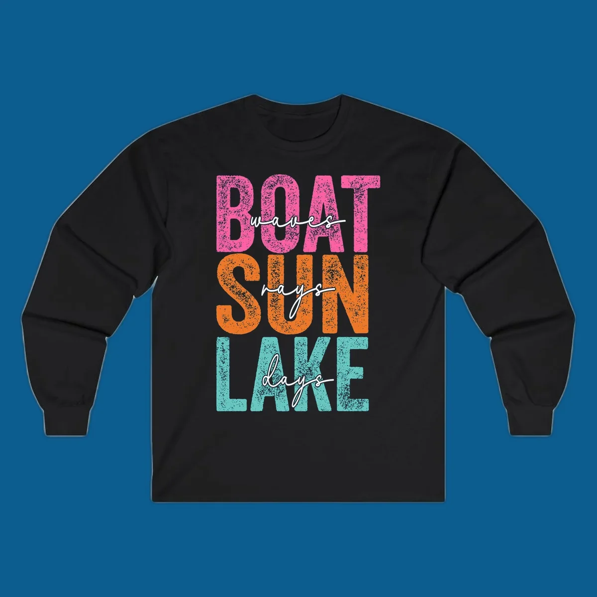 Boat waves sun lake days text design