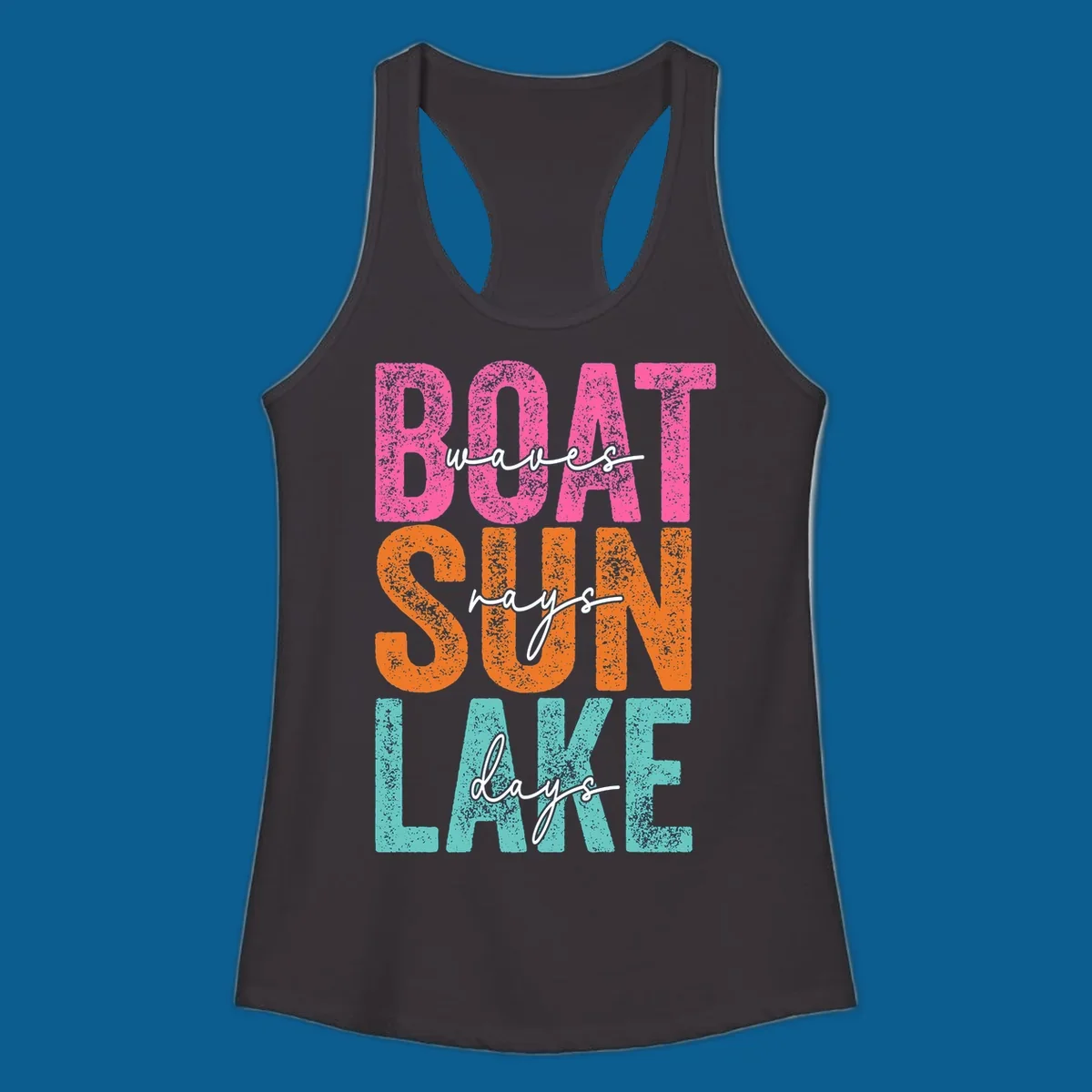Boat waves sun lake days text design