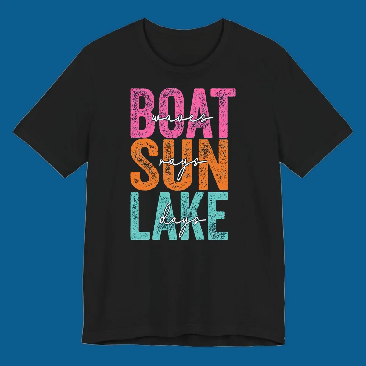 Boat waves sun lake days text design