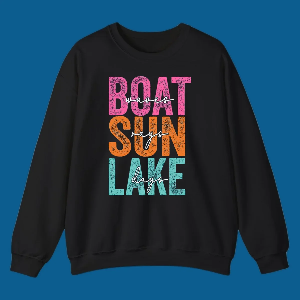 Boat waves sun lake days text design