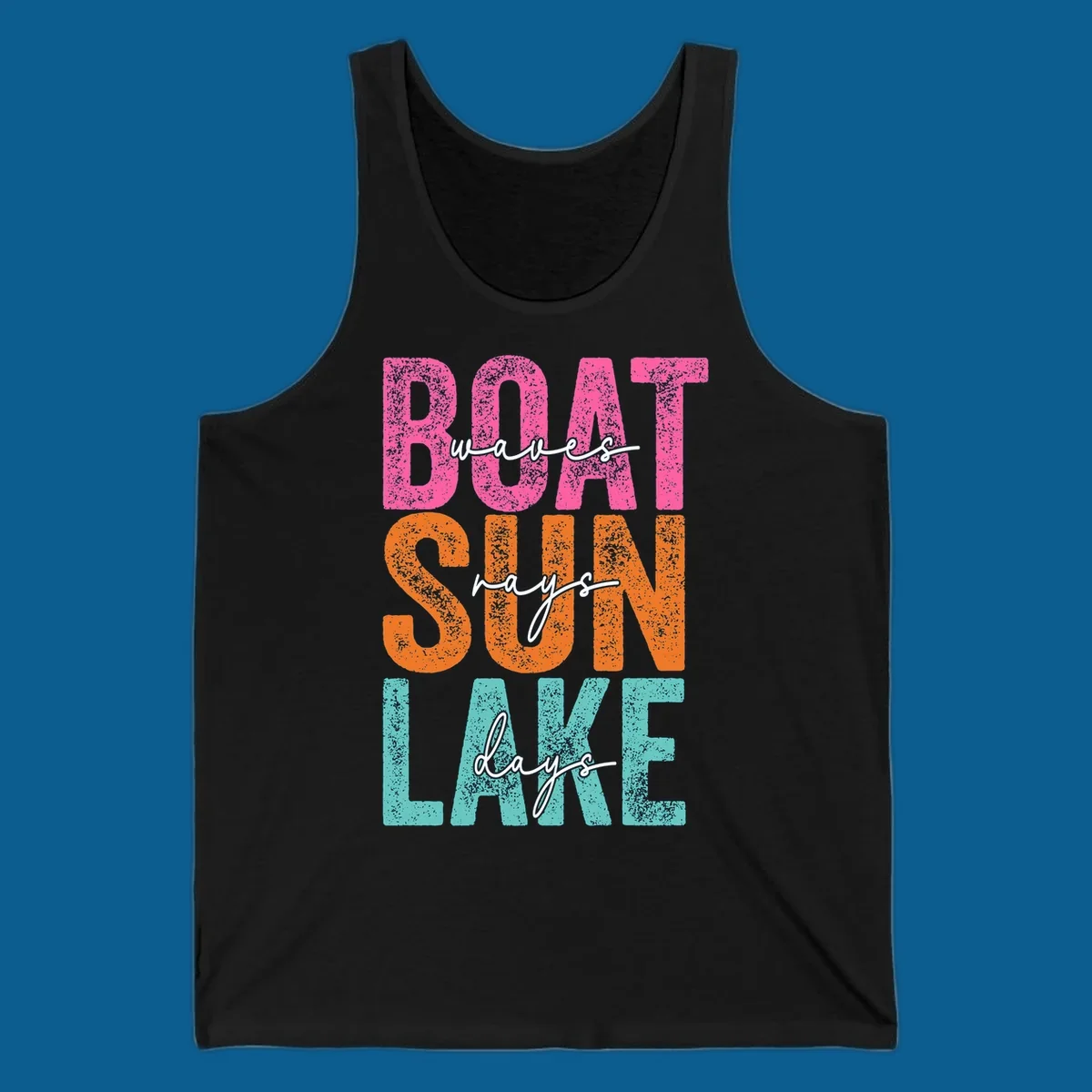 Boat waves sun lake days text design