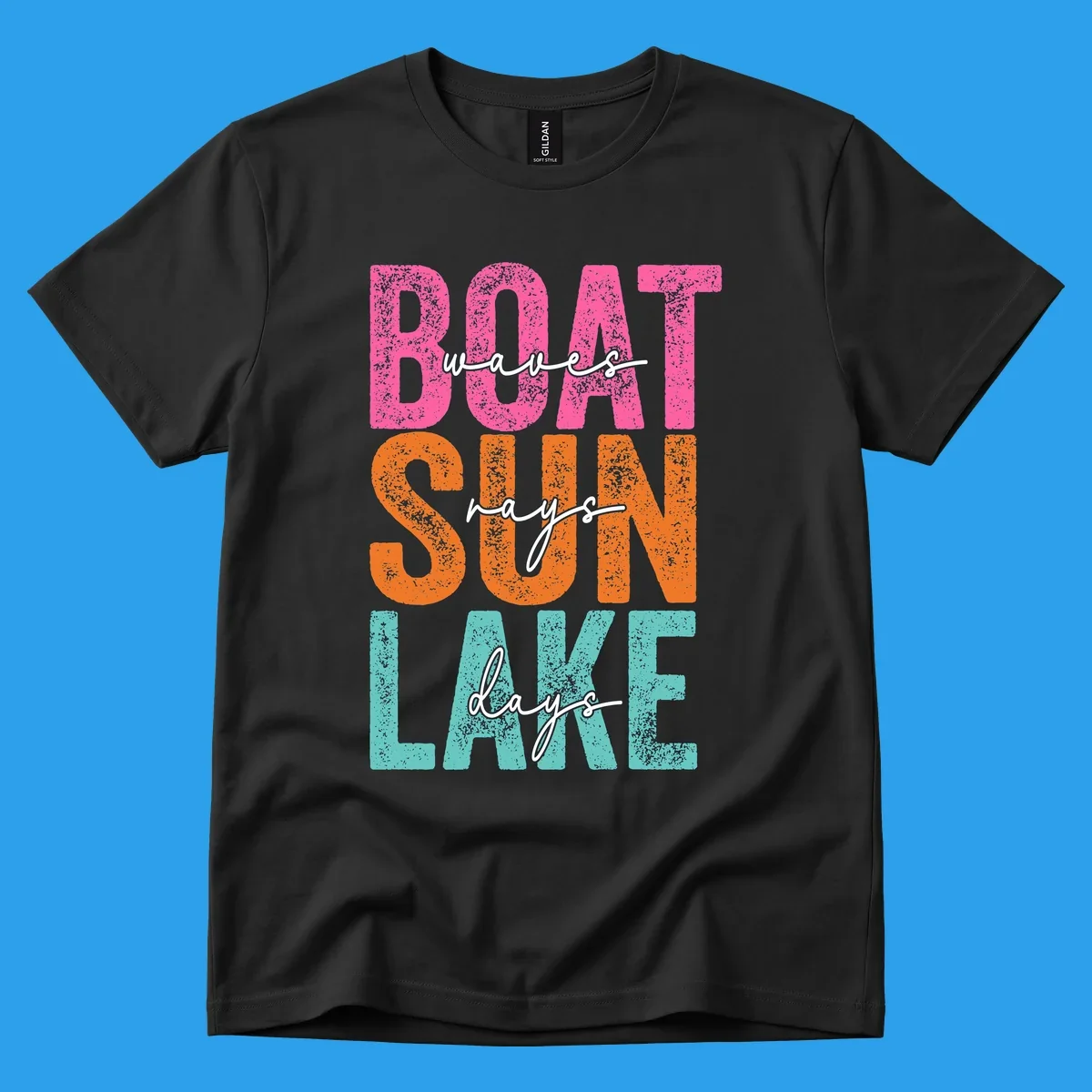 Boat waves sun lake days text design