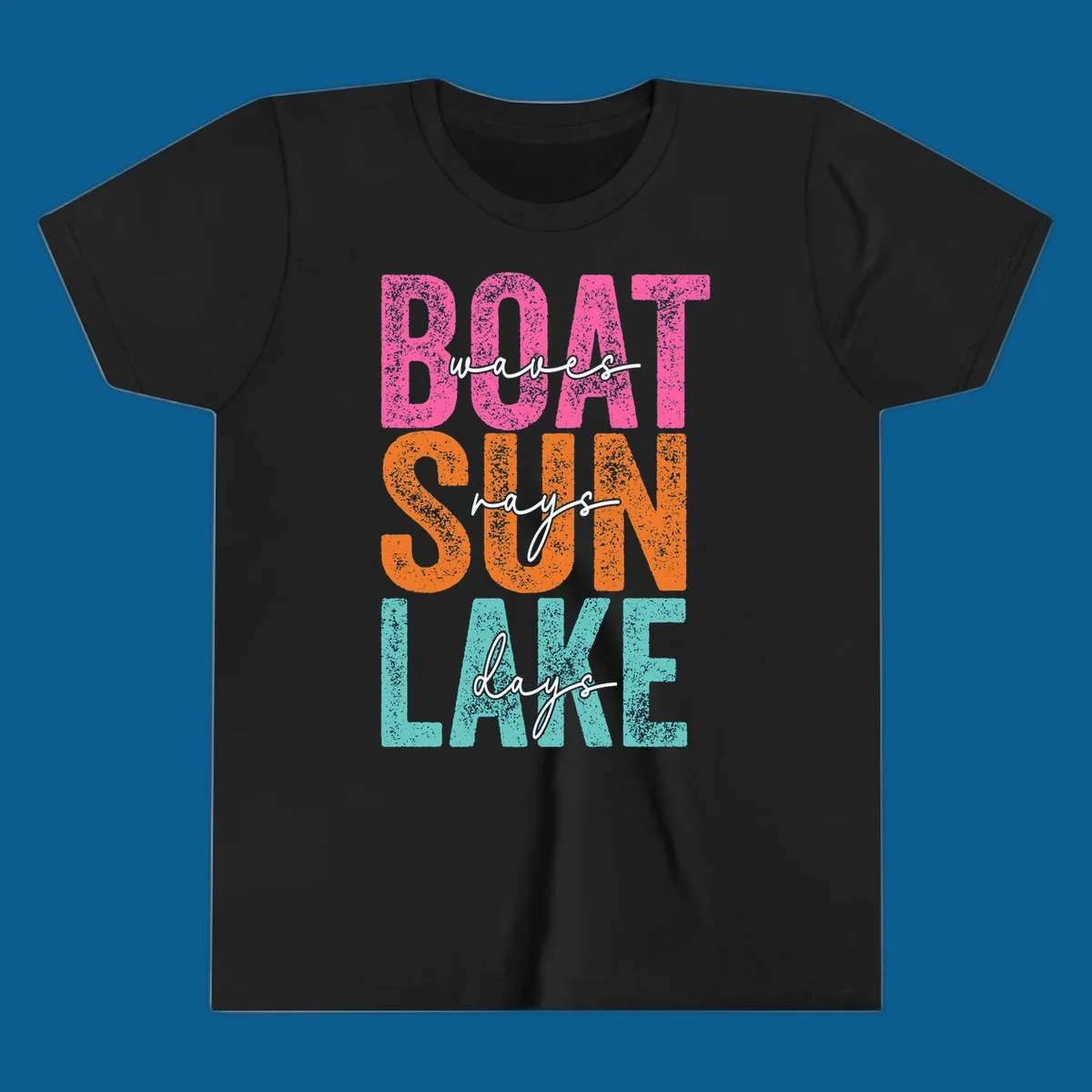 Boat waves sun lake days text design