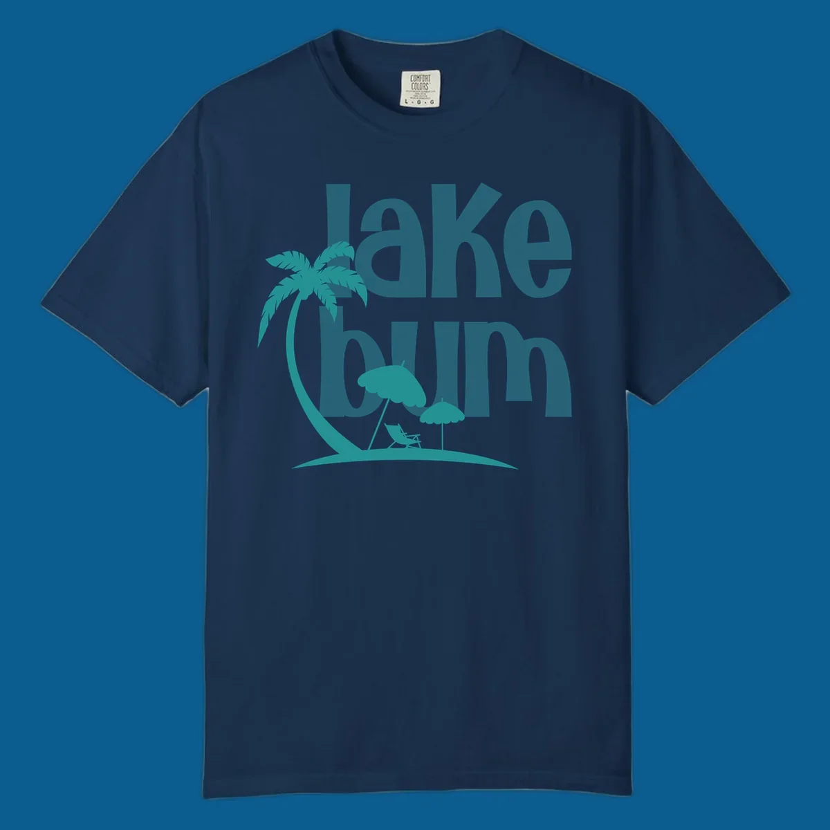 Lake bum text with palm tree and beach scene graphic.