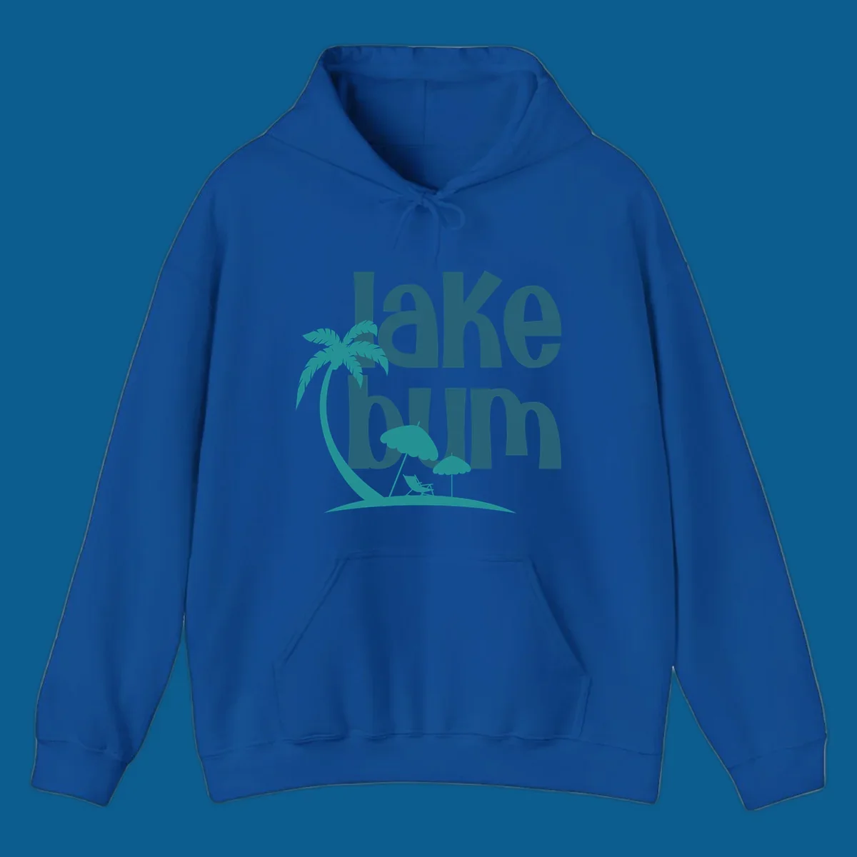 Lake bum text with palm tree and beach scene graphic.