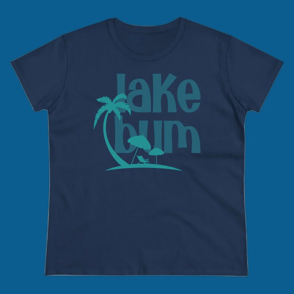 Lake bum text with palm tree and beach scene graphic.