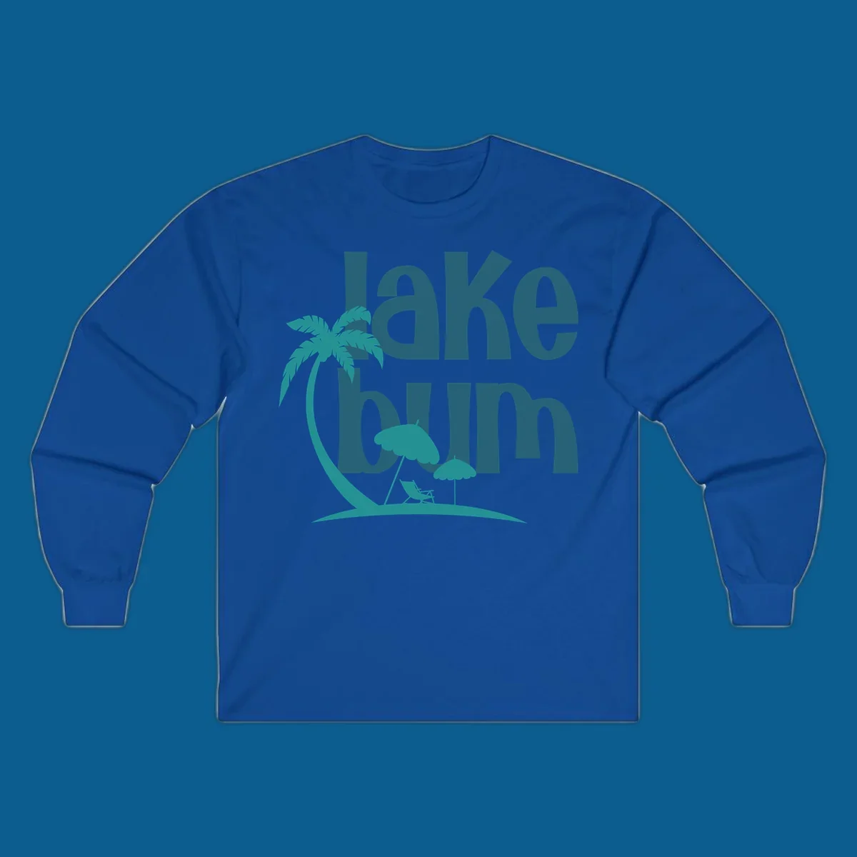 Lake bum text with palm tree and beach scene graphic.