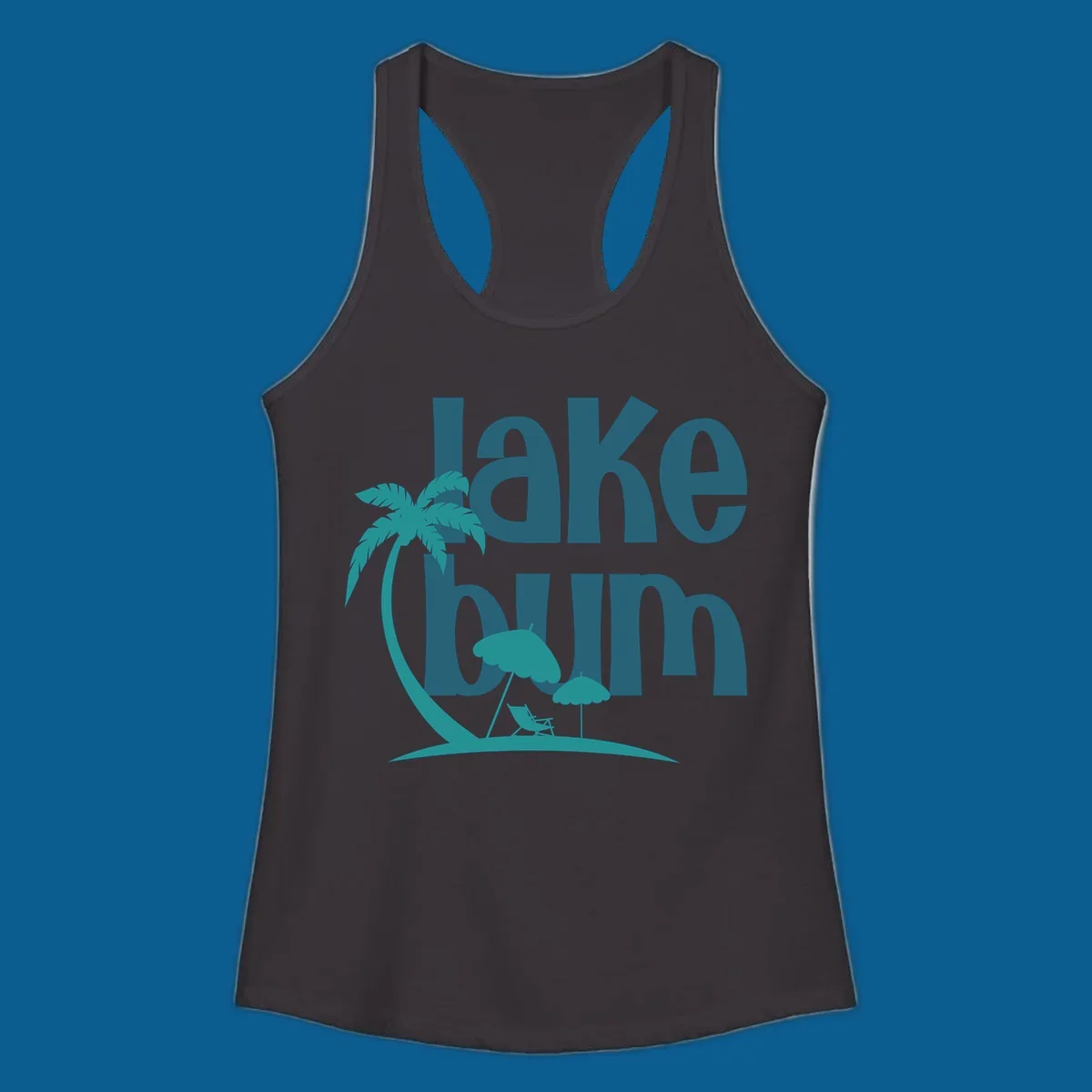 Lake bum text with palm tree and beach scene graphic.