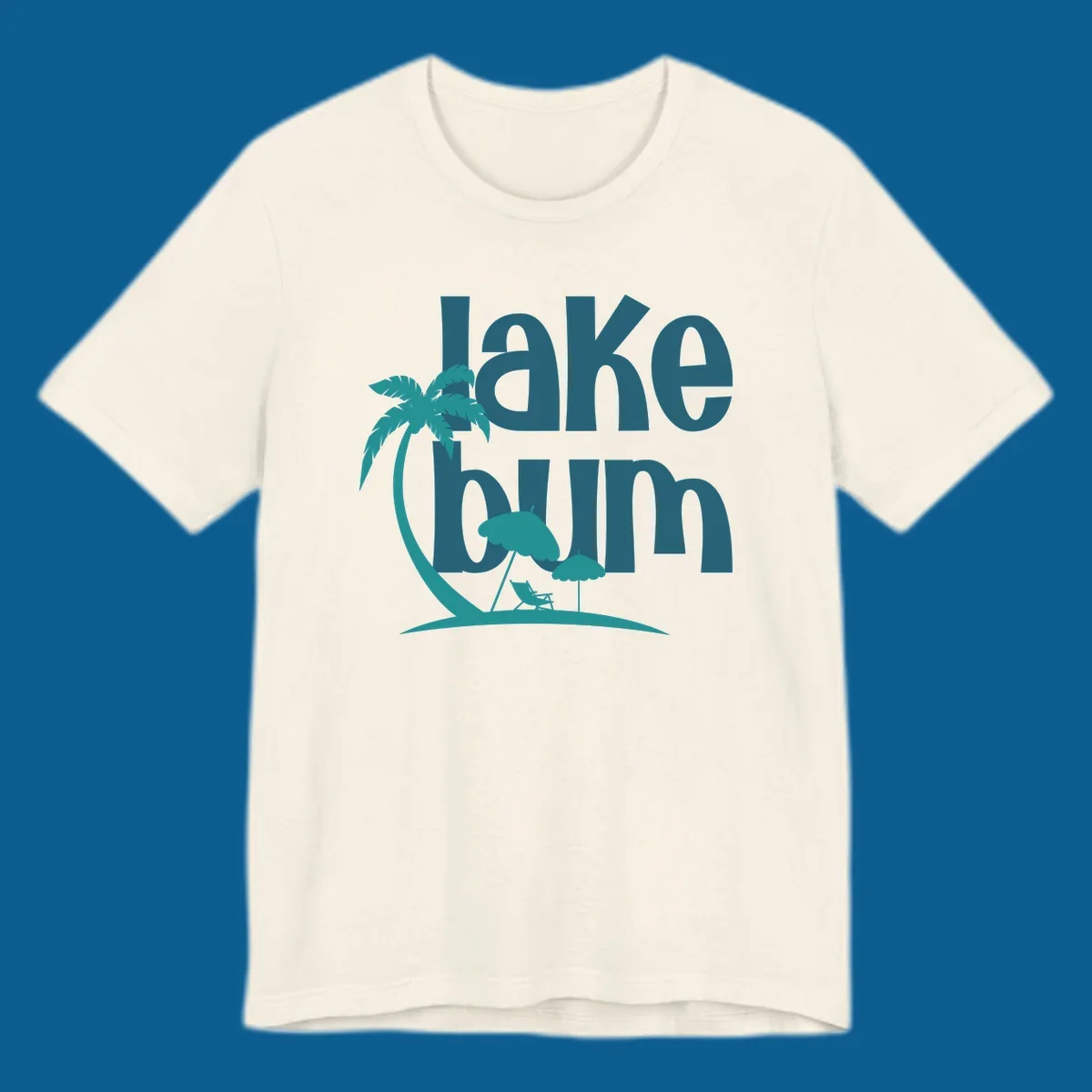 Lake bum text with palm tree and beach scene graphic.