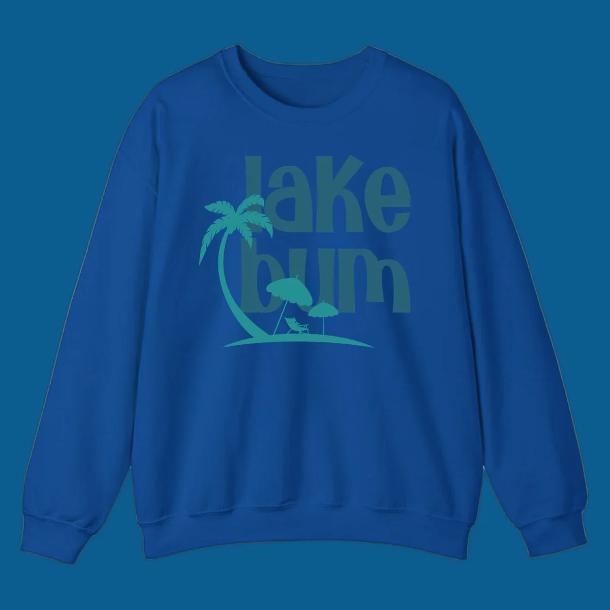 Lake bum text with palm tree and beach scene graphic.