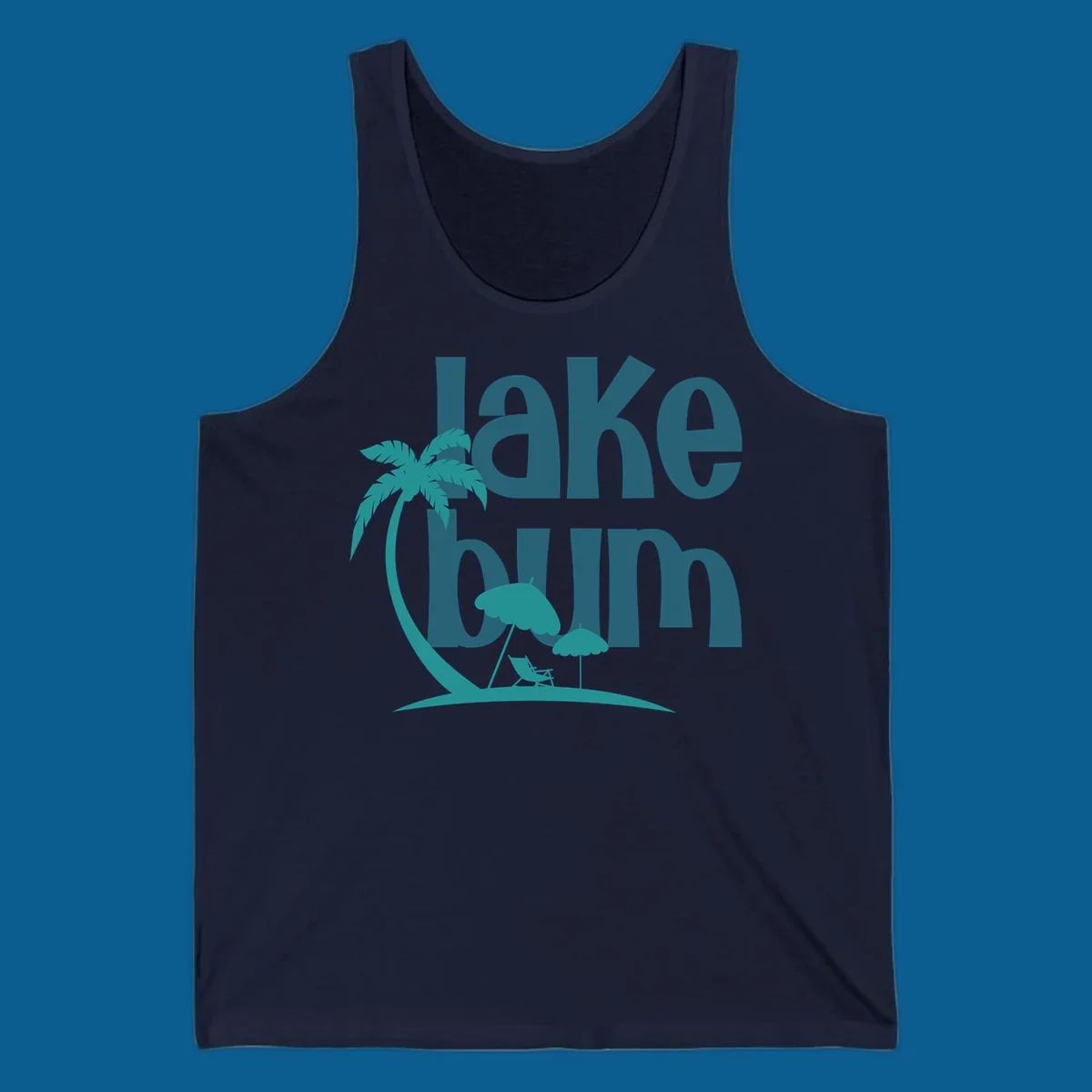 Lake bum text with palm tree and beach scene graphic.