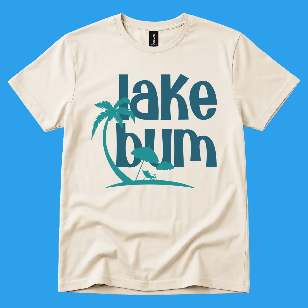 Lake bum text with palm tree and beach scene graphic.