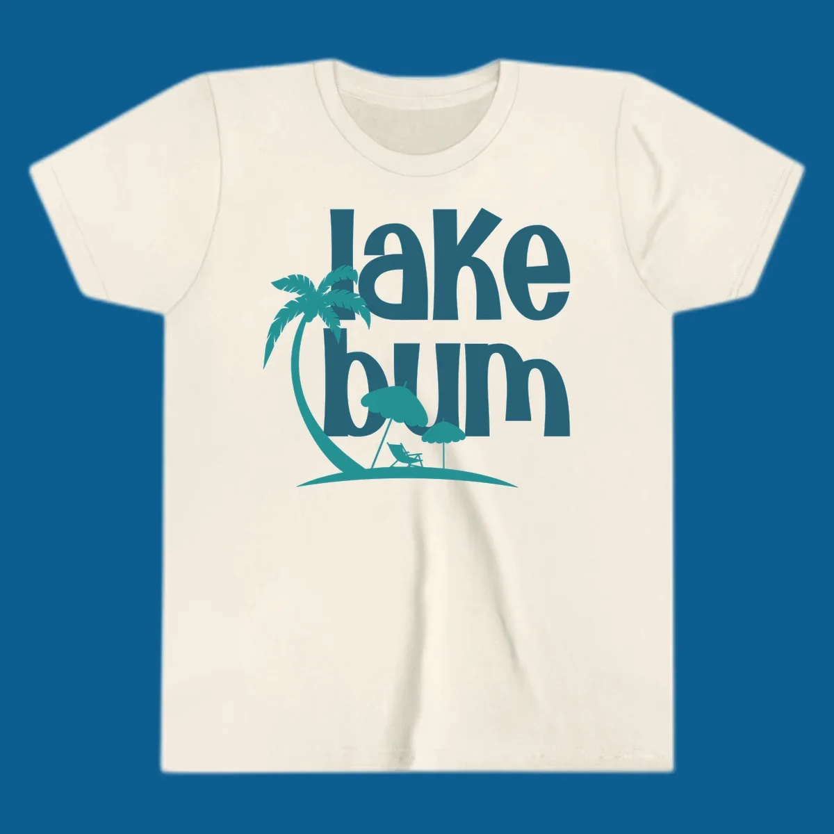 Lake bum text with palm tree and beach scene graphic.