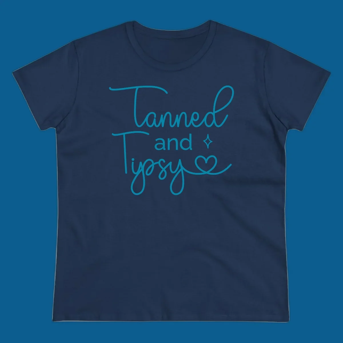 Tanned and Tipsy text with star and heart graphic