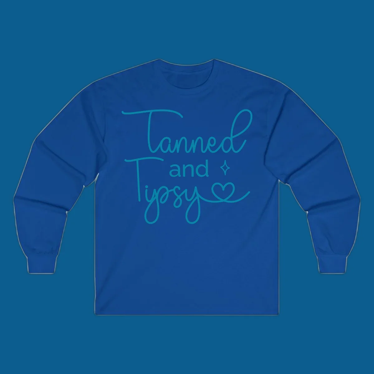 Tanned and Tipsy text with star and heart graphic