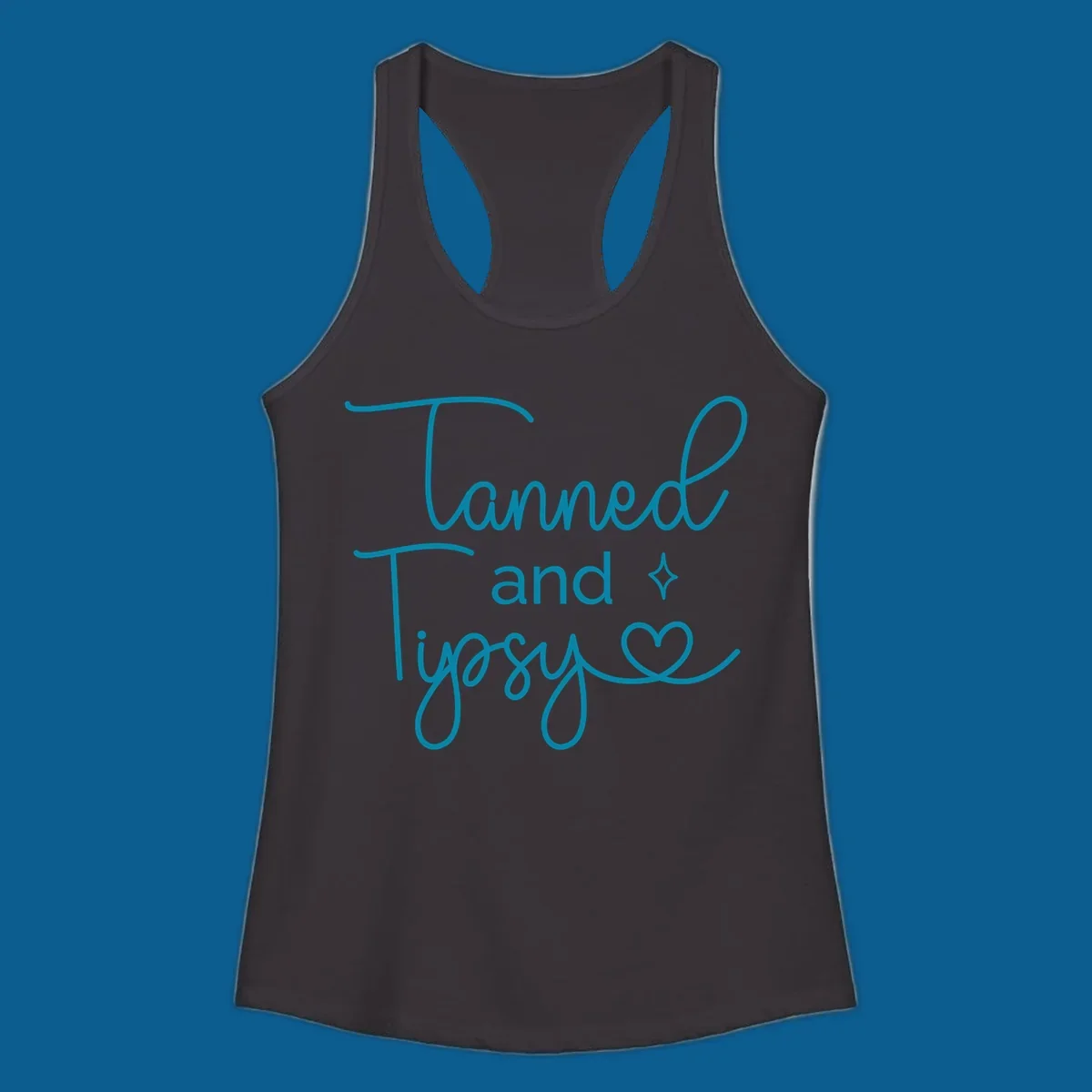Tanned and Tipsy text with star and heart graphic