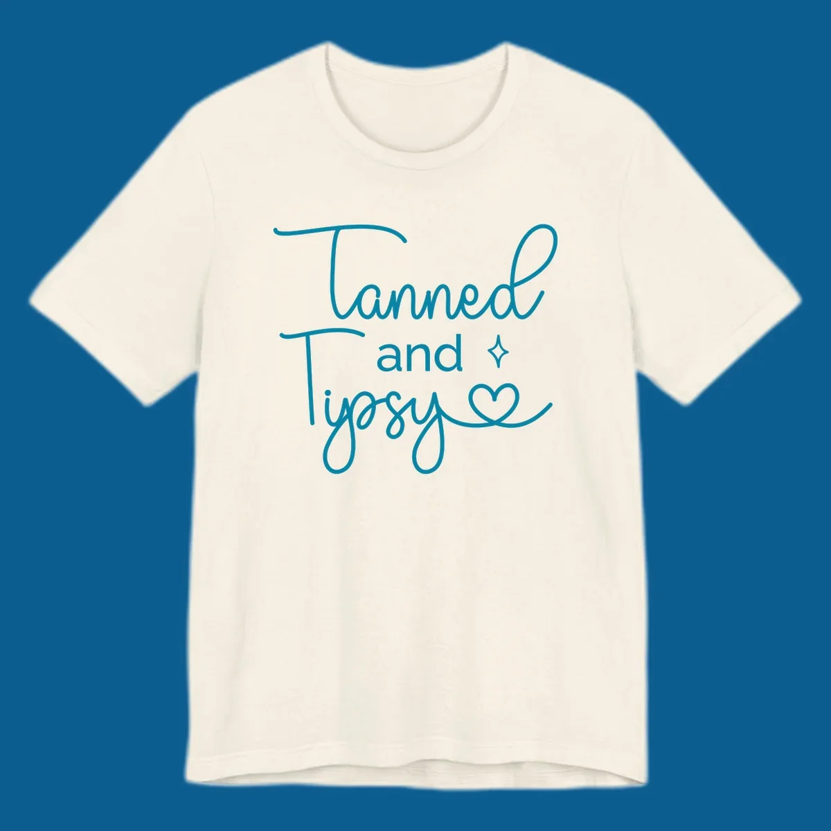 Tanned and Tipsy text with star and heart graphic