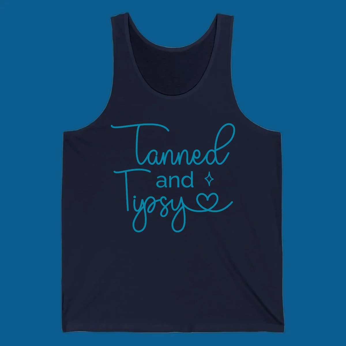 Tanned and Tipsy text with star and heart graphic