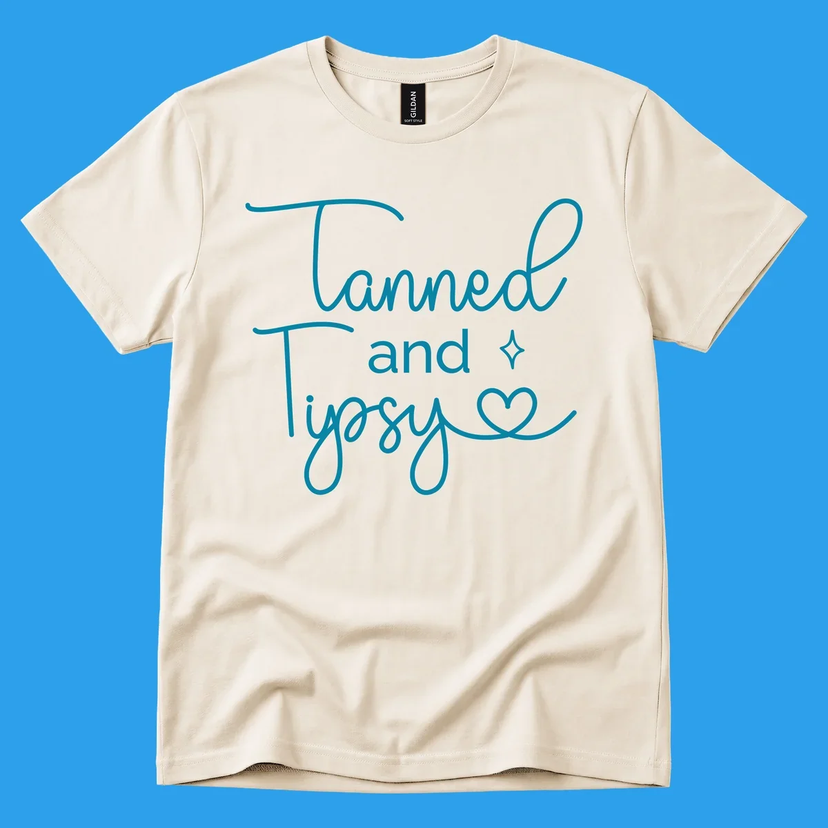 Tanned and Tipsy text with star and heart graphic