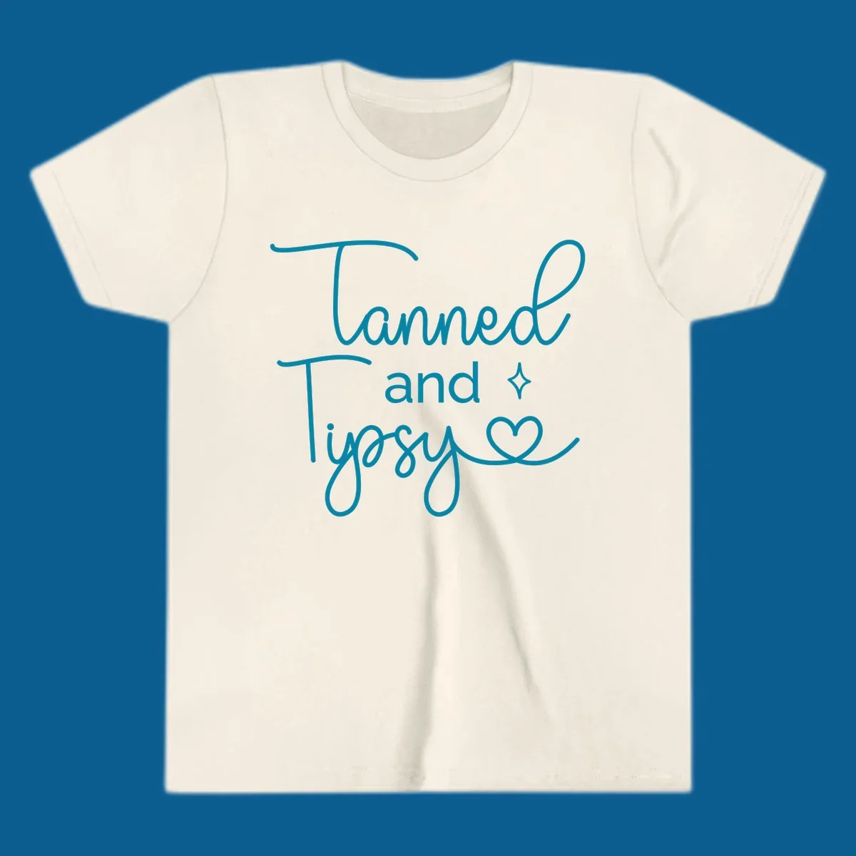 Tanned and Tipsy text with star and heart graphic
