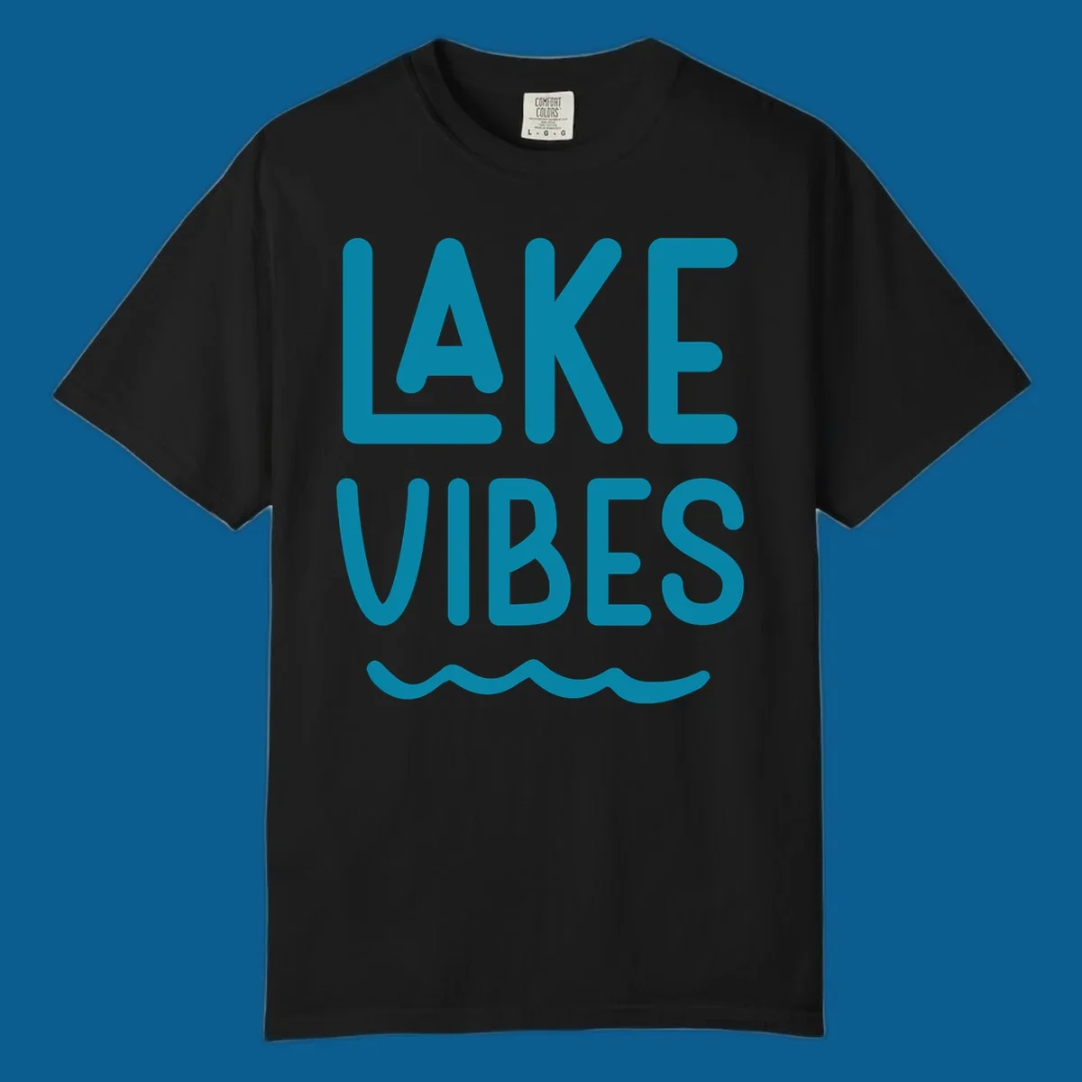 Lake Vibes text design with teal lettering and wavy water graphic.