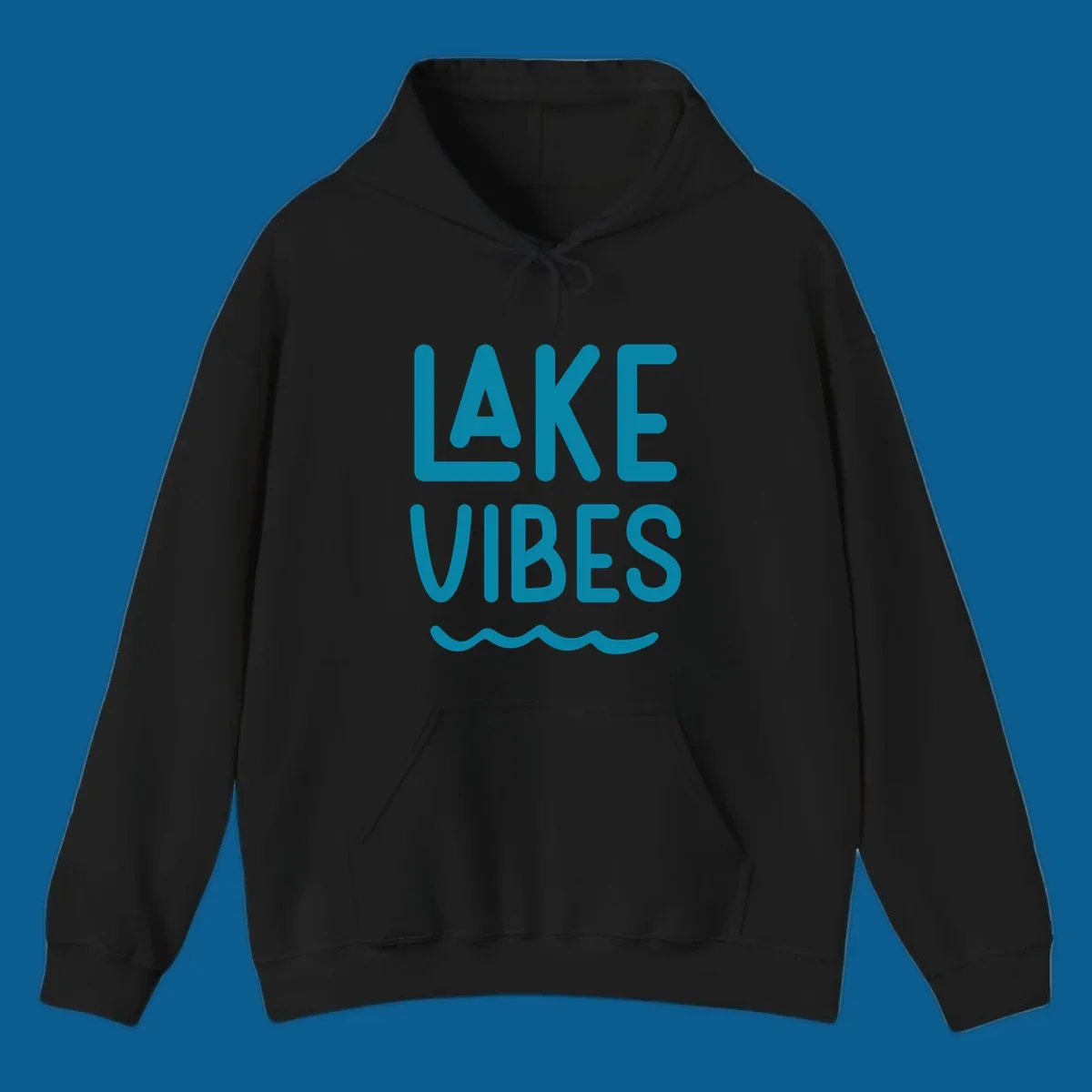 Lake Vibes text design with teal lettering and wavy water graphic.