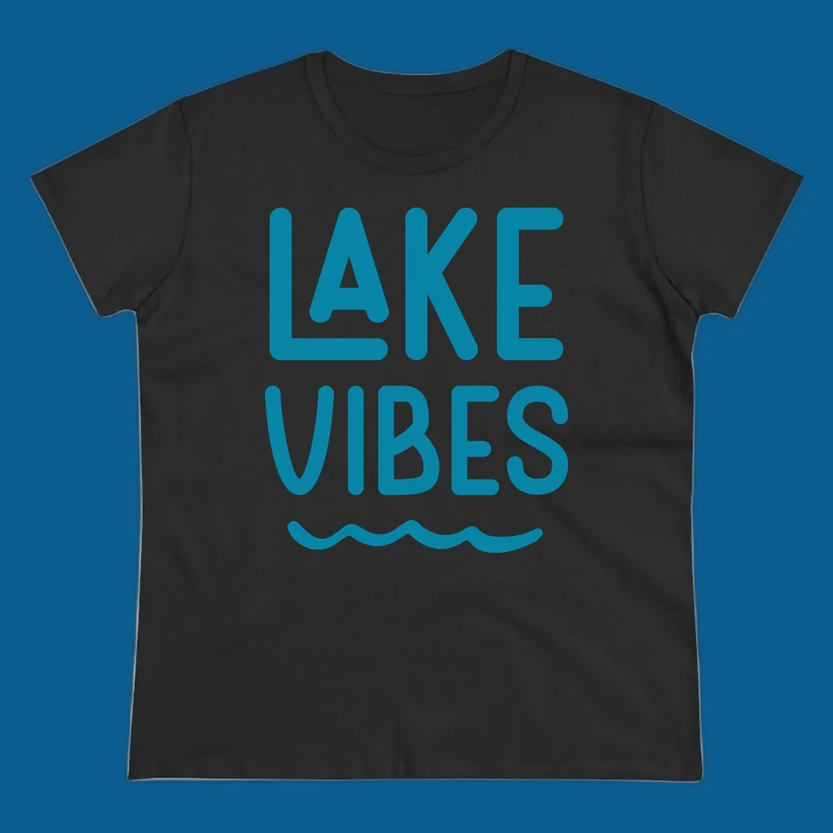 Lake Vibes text design with teal lettering and wavy water graphic.
